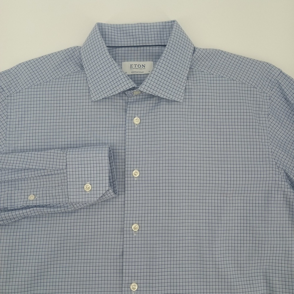 Lot 2 Eton Contemporary Fit Blue Check long sleeve Dress Shirt Mens 17 and 16.5